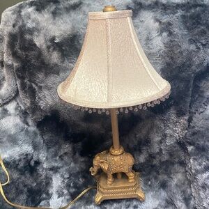Elegant Gold Elephant  Table Lamp with Beaded Trimmed Cloth shade